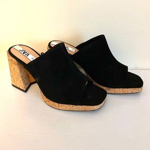 Zara Black Suede Platform Cork Heels
